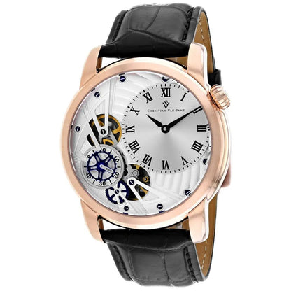 Christian Van Sant Sprocket Auto-Quartz skeleton watch with rose gold case, black leather strap on Tampa Home & Garden Store