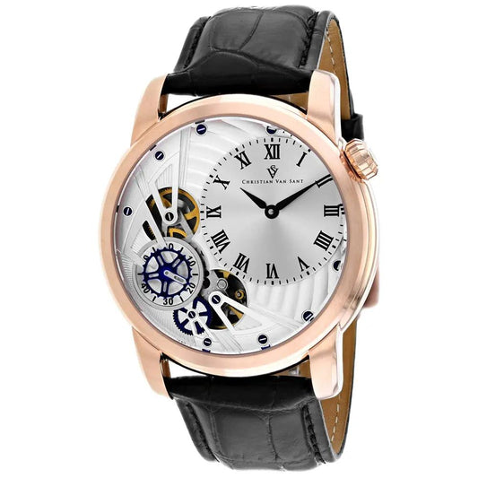 Christian Van Sant Sprocket Auto-Quartz skeleton watch with rose gold case, black leather strap on Tampa Home & Garden Store