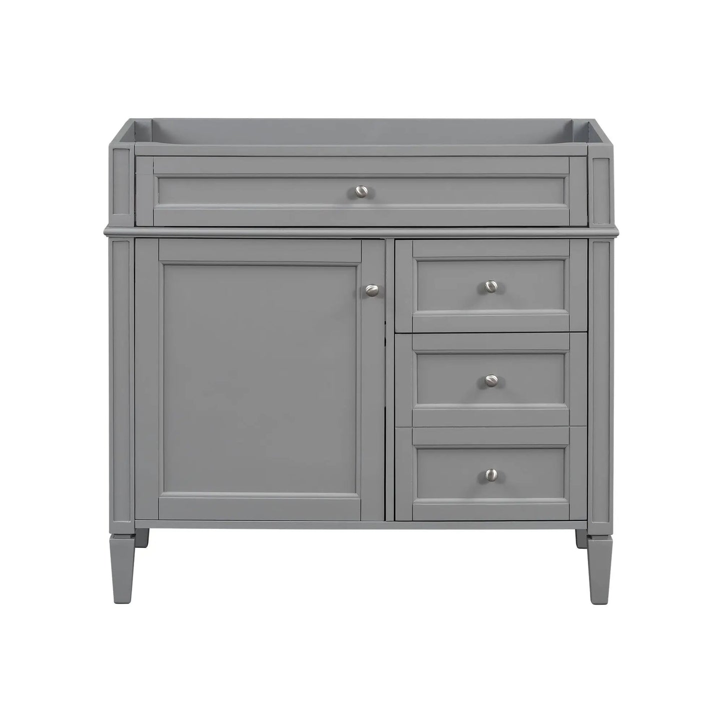 Gray bathroom vanity base with two drawers and a tip-out drawer, storage cabinet with metal knobs on Tampa Home & Garden Store