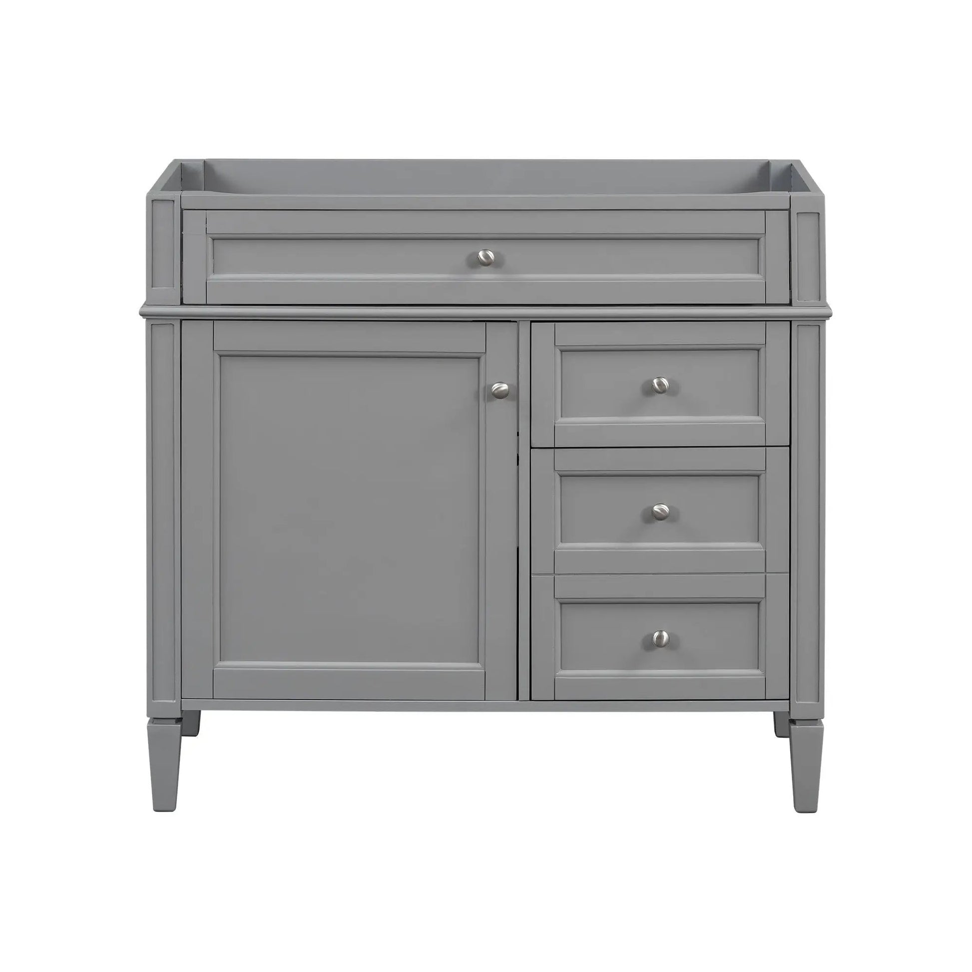 Gray bathroom vanity base with two drawers and a tip-out drawer, storage cabinet with metal knobs on Tampa Home & Garden Store