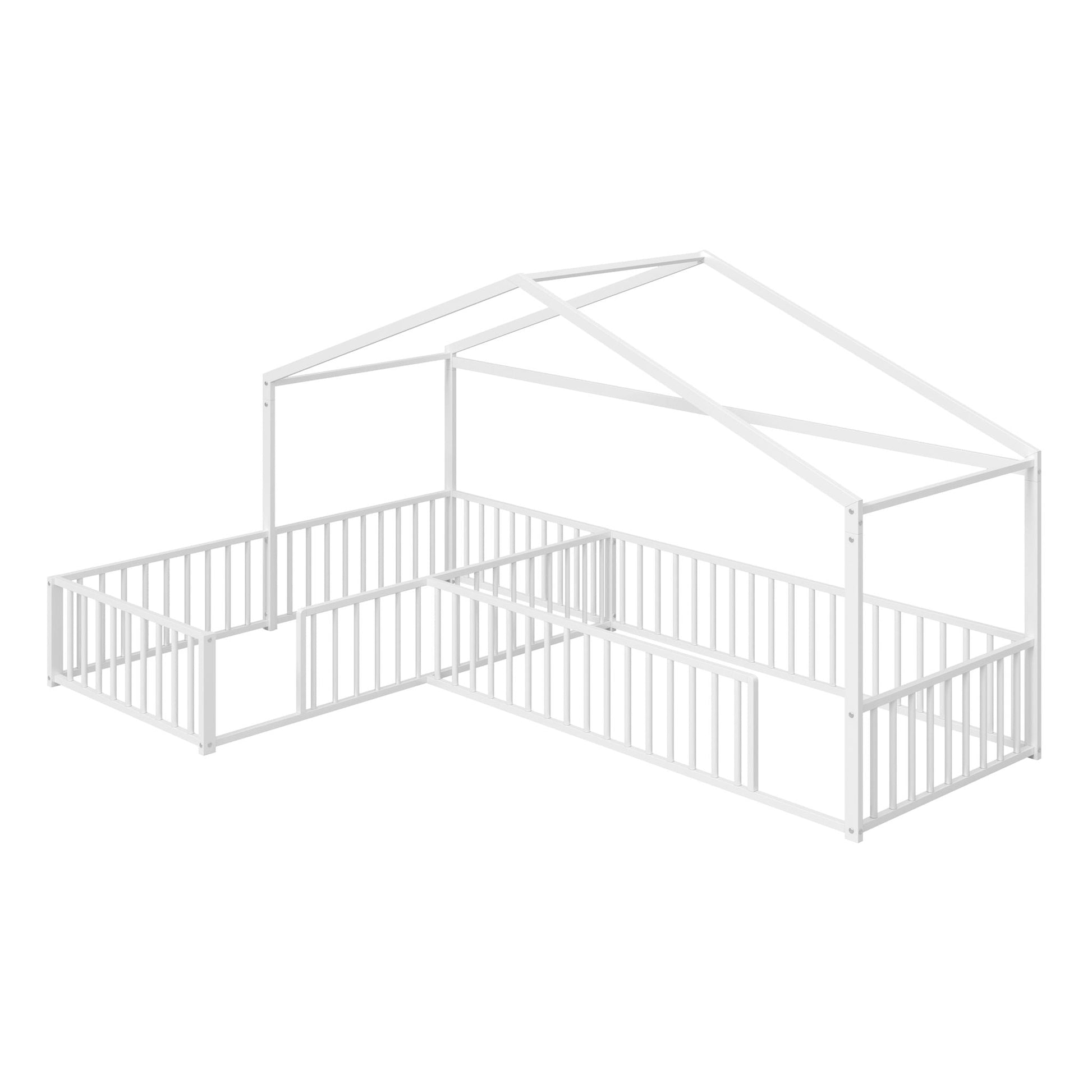 L-Shaped Montessori Bed for 2 Kids with Partitioned Fence white metal canopy frame on Tampa Home & Garden Store