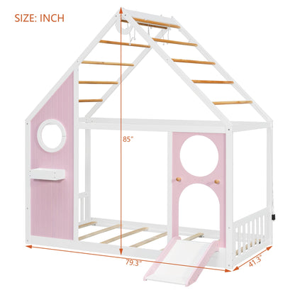 Twin house bed with slide in pink and white playhouse design by HouseOfZazla on Tampa Home & Garden Store