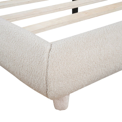 Upholstered platform bed with thick wood frame and curved leg in beige fabric on Tampa Home & Garden Store