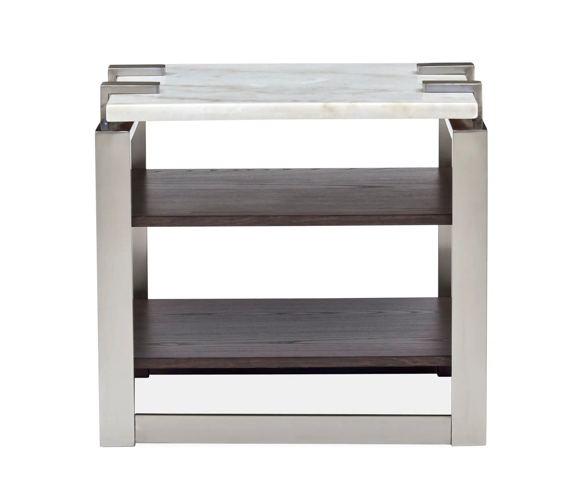 Paradox rectangular end table with white marble top and silver metal frame on Tampa Home & Garden Store