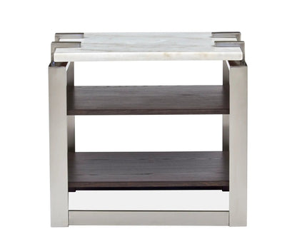 Paradox rectangular end table with white marble top and silver metal frame on Tampa Home & Garden Store