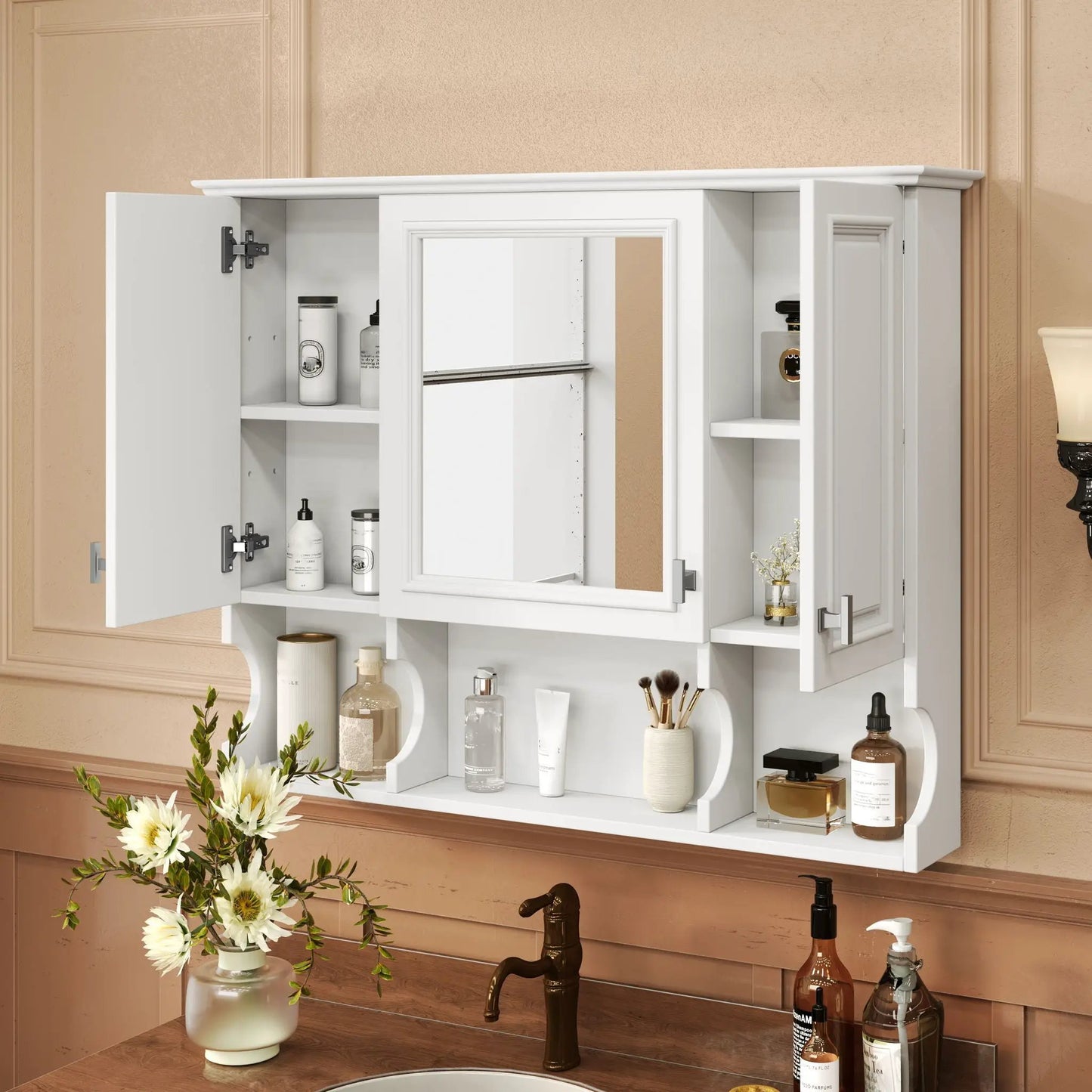 Wall mounted medicine cabinet with mirror and open shelves by Unique Piece Furniture on Tampa Home & Garden Store