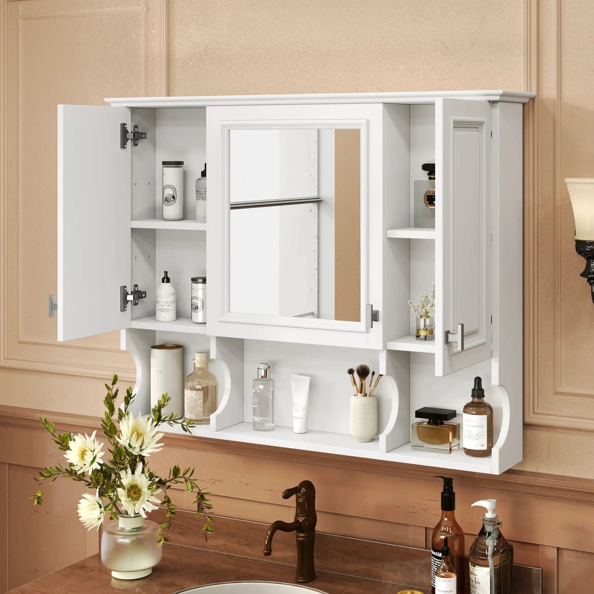Wall mounted medicine cabinet with mirror and open shelves by Unique Piece Furniture on Tampa Home & Garden Store