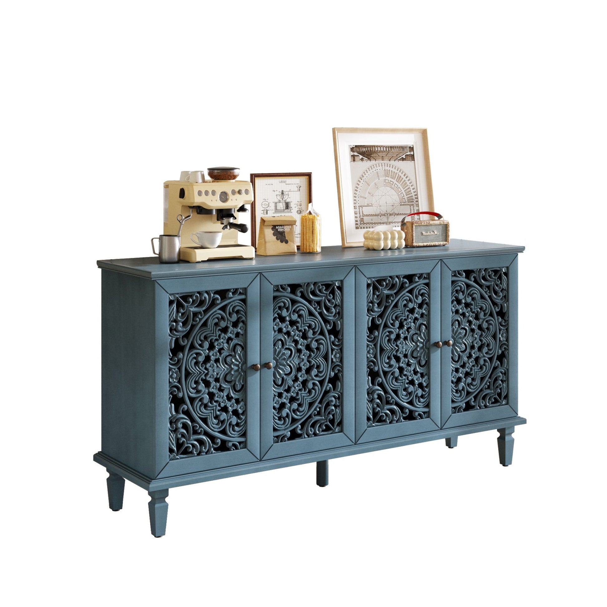60-inch Antique Buffet Cabinet with Floral Carvings and Adjustable Shelves blue wood HouseOfZazla on Tampa Home & Garden Store