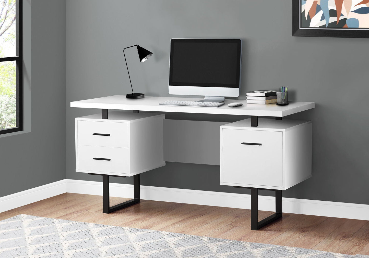 Computer desk for home office with storage drawers, white finish, black metal legs on Tampa Home & Garden Store