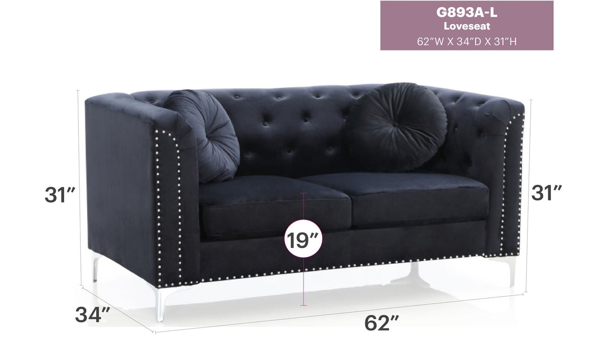 Sloped-arm loveseat in black micro suede with tufted back and nailhead trim 62W34D31H on Tampa Home & Garden Store