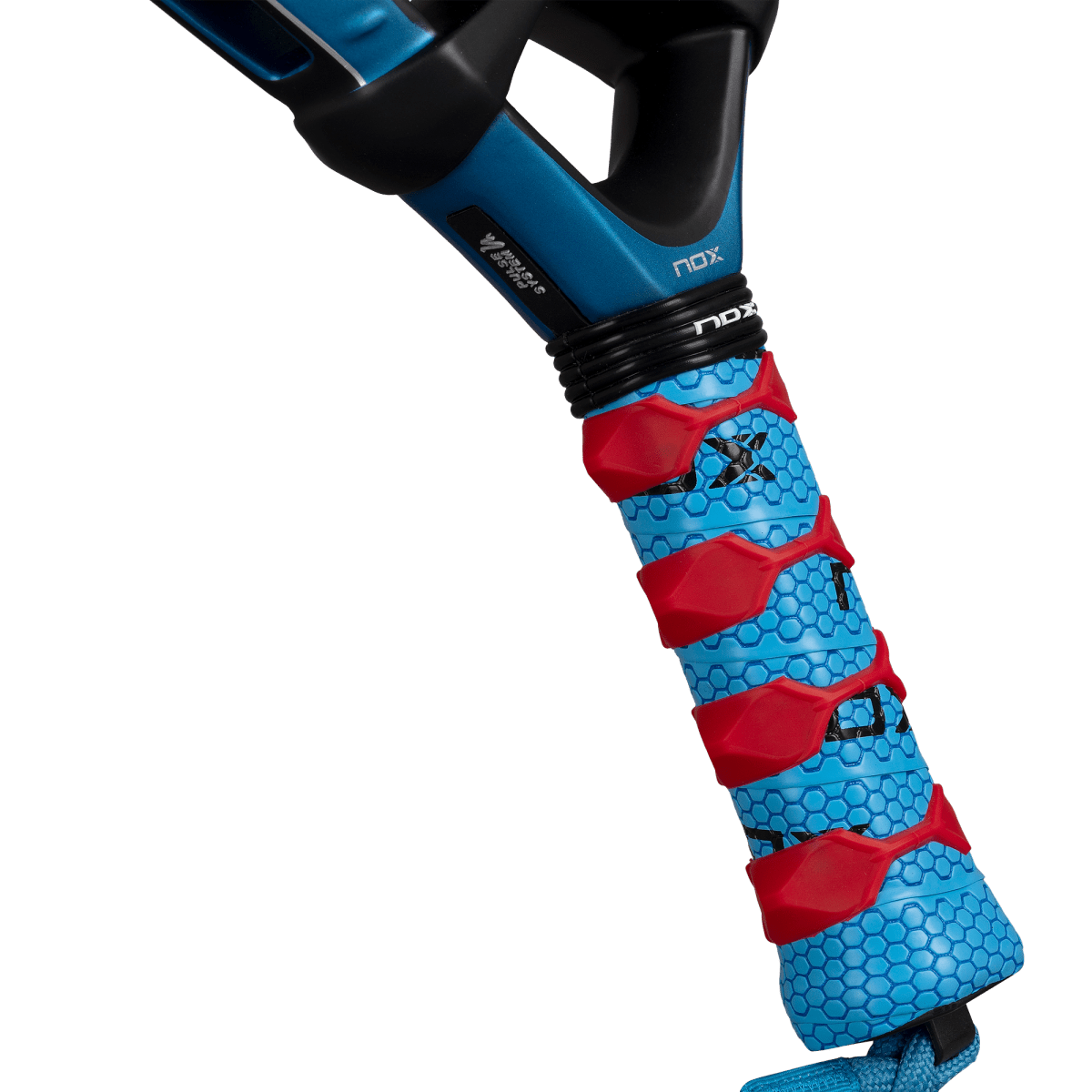 NOX EA10 Ventus Attack 12K Xtreme padel racket with blue hex grip and red guards on Tampa Home & Garden Store
