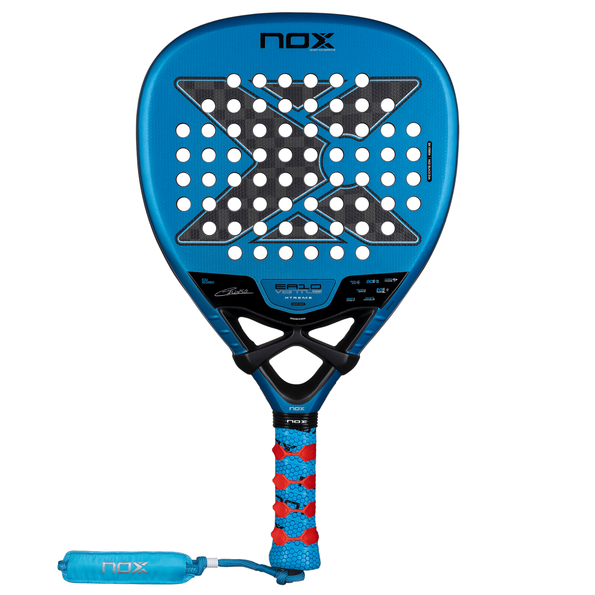 NOX EA10 Ventus Attack 12K Xtreme blue padel racket with green holes and X motif on Tampa Home & Garden Store