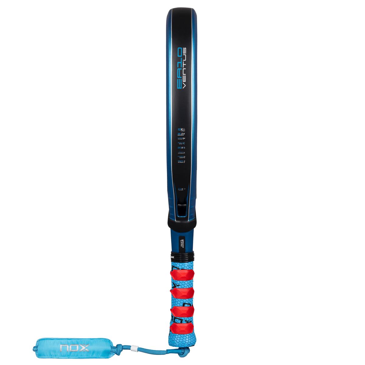NOX EA10 Ventus Attack 12K Xtreme padel racket with blue/black body and red grip on Tampa Home & Garden Store