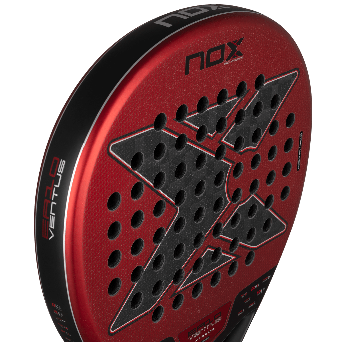 NOX EA10 Ventus Hybrid 12K Xtreme padel racket red with black graphics perforated hitting surface on Tampa Home & Garden Store