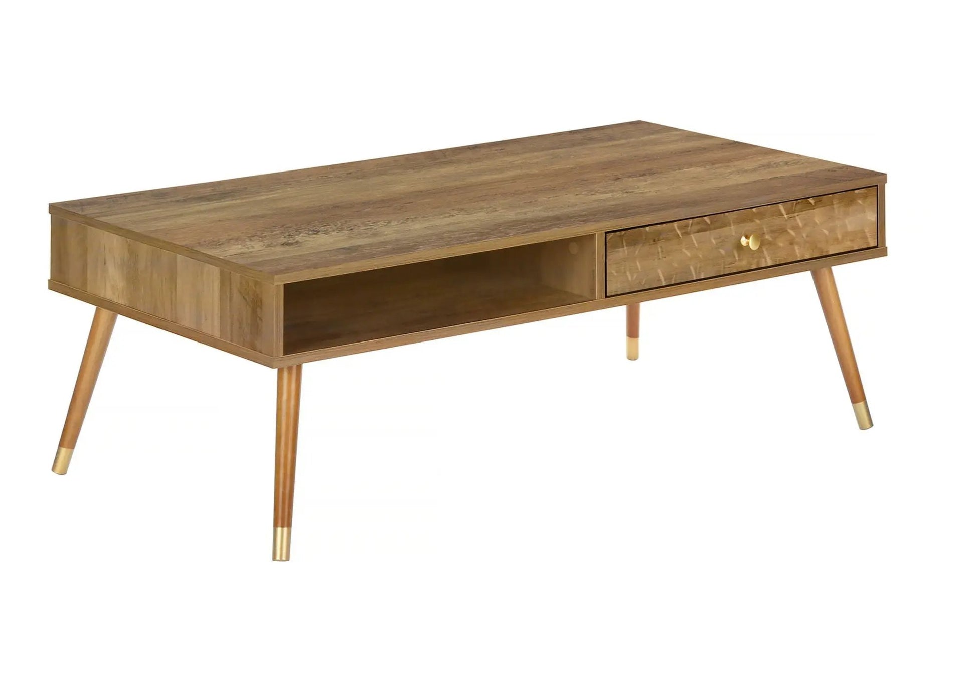 Coffee table with storage drawer and open shelf, rectangular walnut finish, mid-century wood legs on Tampa Home & Garden Store