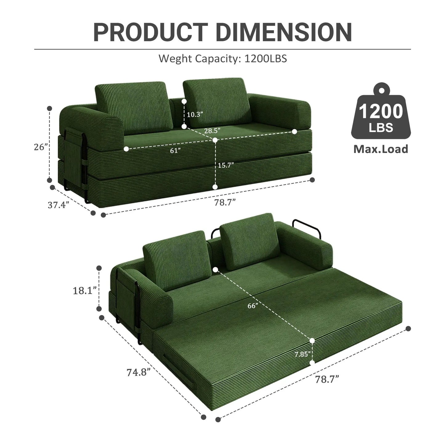 Convertible sleeper sofa with cylindrical pillow in green fabric futon on Tampa Home & Garden Store