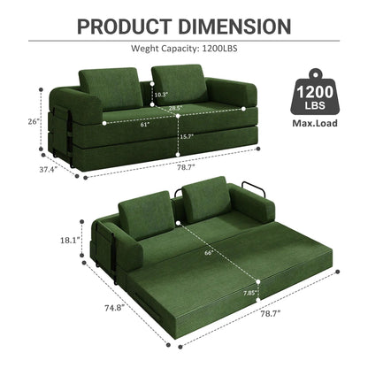 Convertible sleeper sofa with cylindrical pillow in green fabric futon on Tampa Home & Garden Store