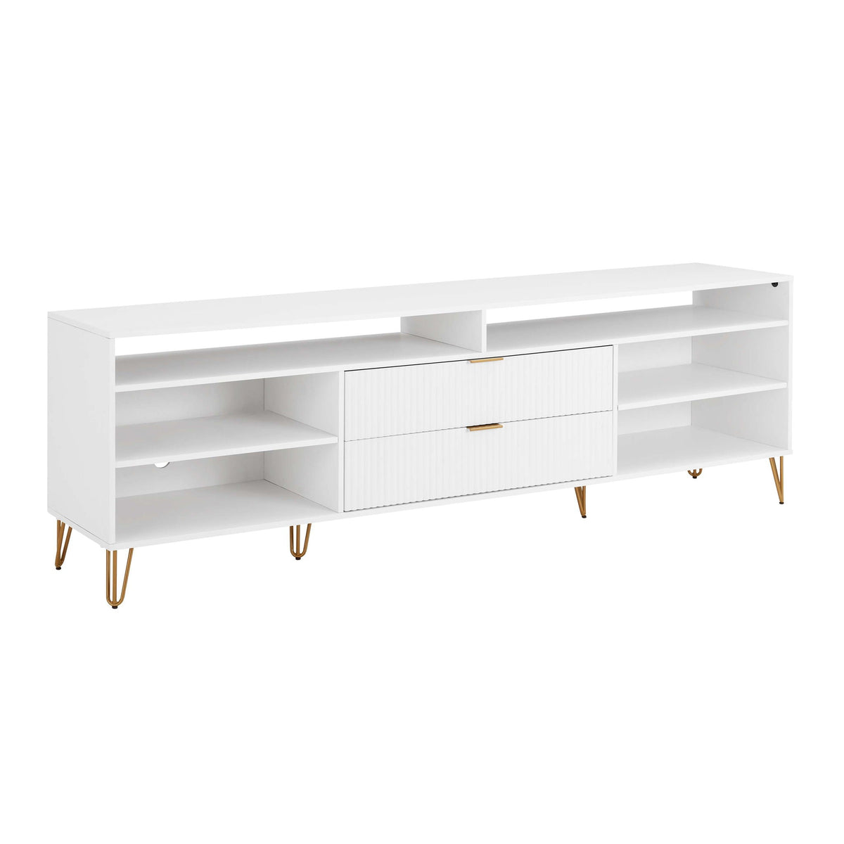 Fluted white TV stand with storage and gold metal legs HouseOfZazla on Tampa Home & Garden Store