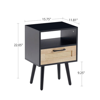 Rattan end table with drawer and solid wood legs; black frame with woven cane drawer panel on Tampa Home & Garden Store
