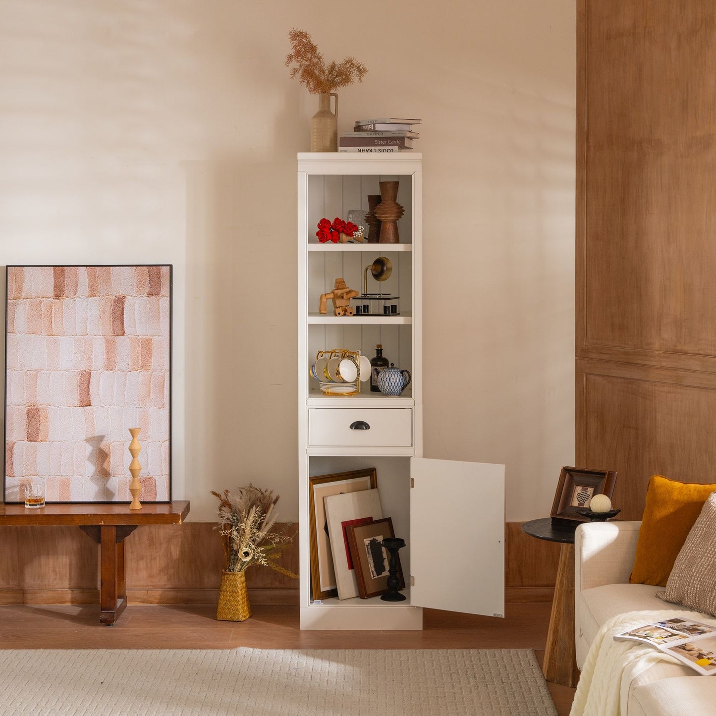 Retro White Tall Display Shelf and Cabinet