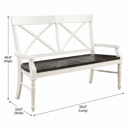 Mountina Bench white frame with dark brown wood seat, X-back design, dining bench on Tampa Home & Garden Store