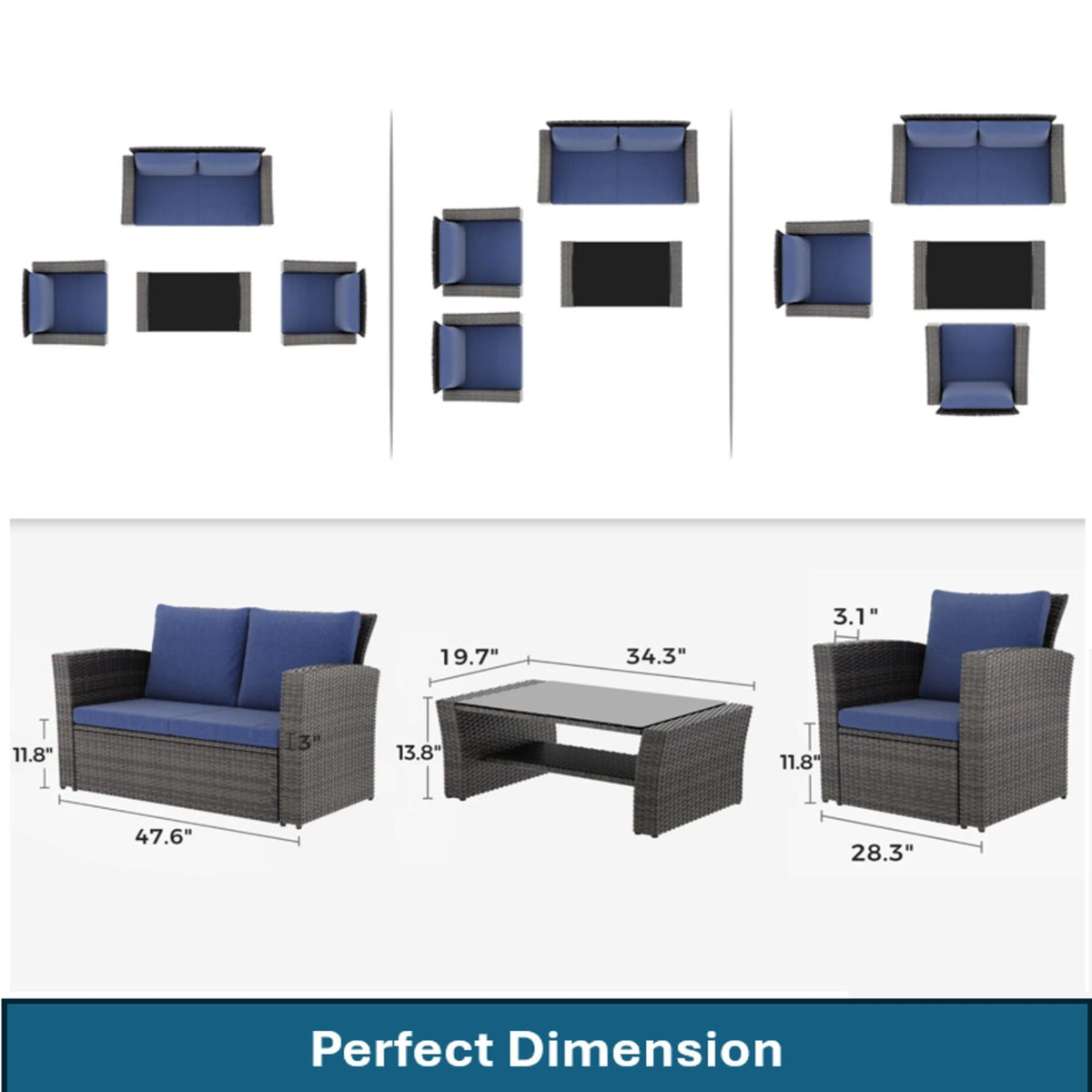 Modern Patio Set with Cushions – 4-Piece Outdoor Set by HouseOfZazla, blue cushions, wicker on Tampa Home & Garden Store