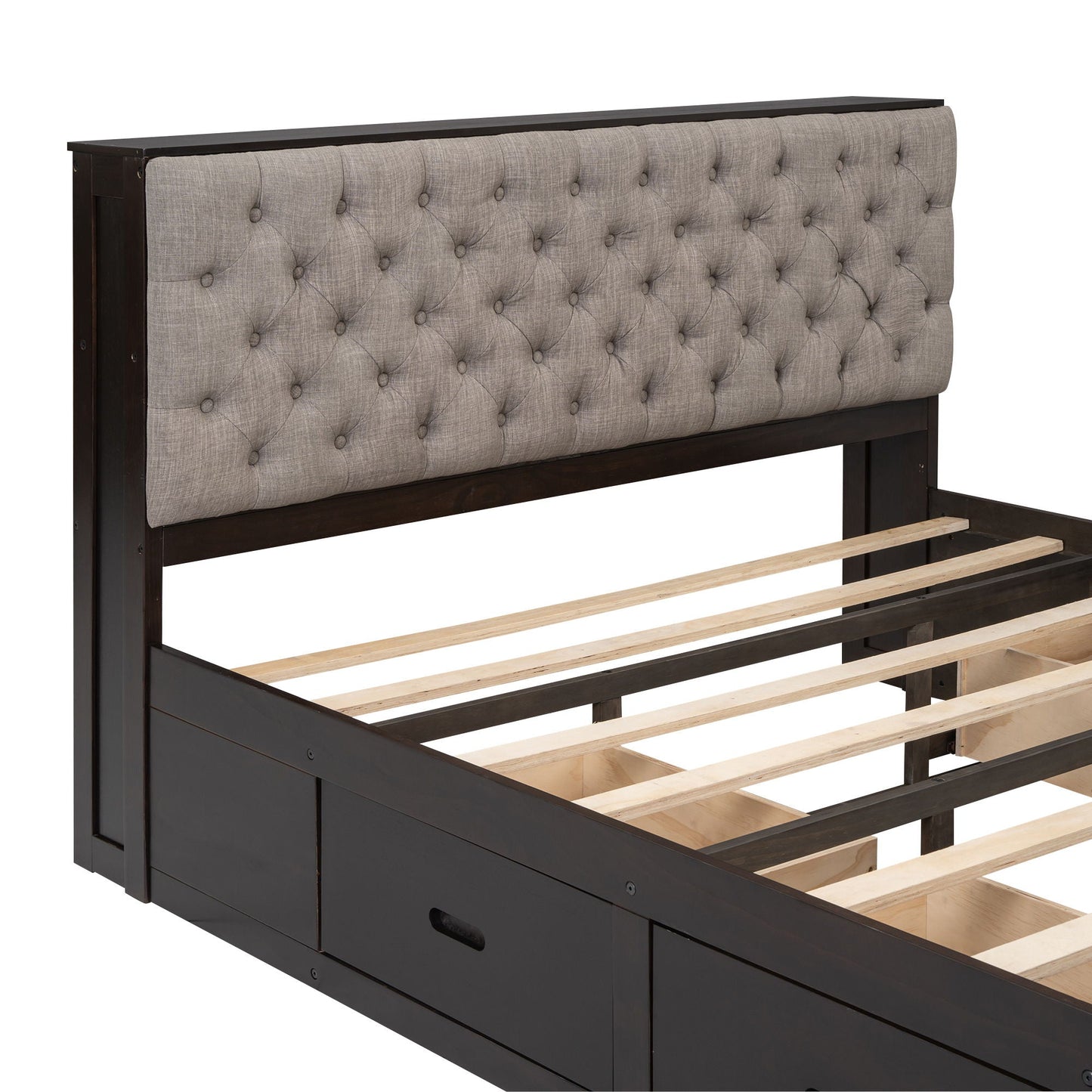 HouseOfZazla platform bed with storage headboard dark wood frame, tufted gray headboard, drawers on Tampa Home & Garden Store
