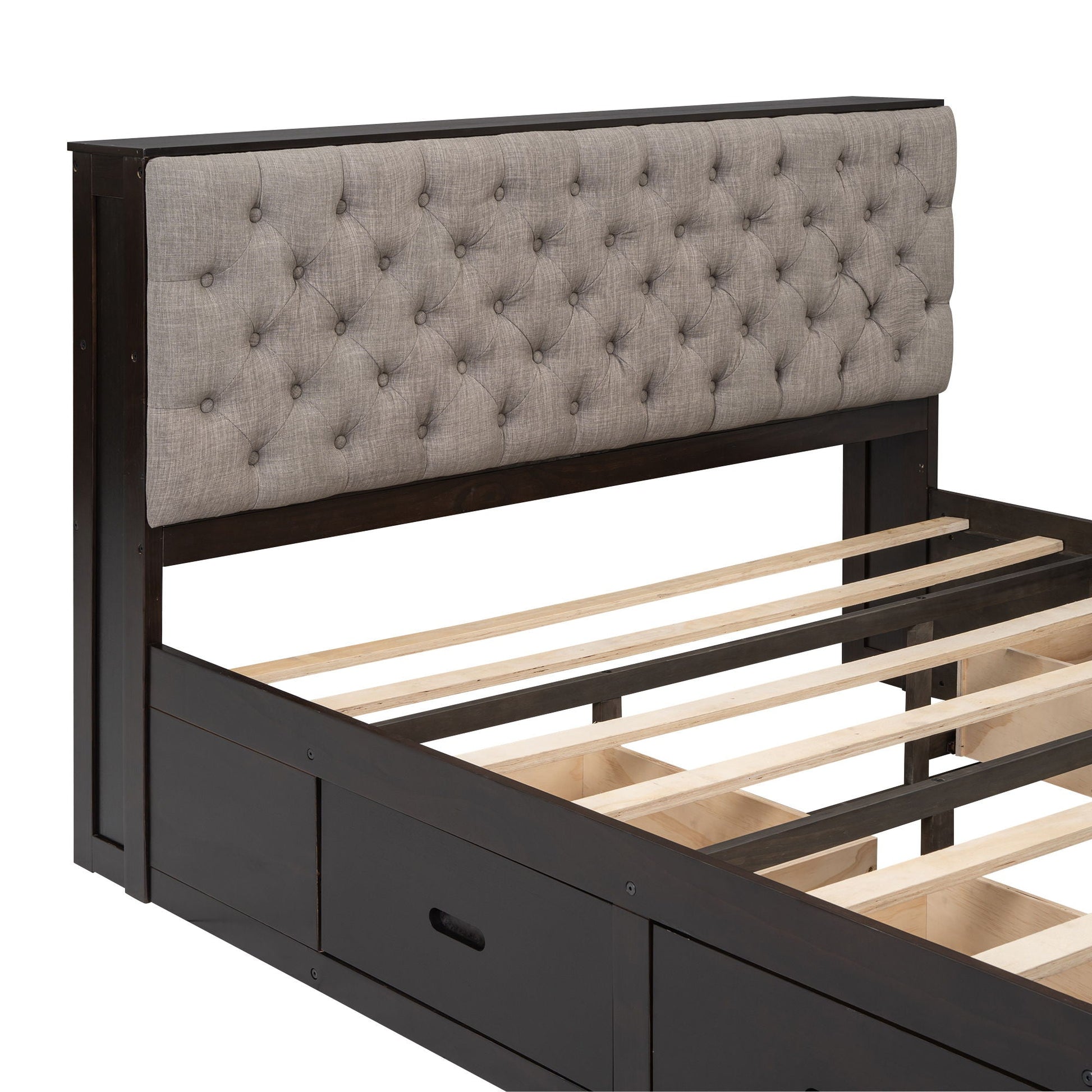 HouseOfZazla platform bed with storage headboard dark wood frame, tufted gray headboard, drawers on Tampa Home & Garden Store