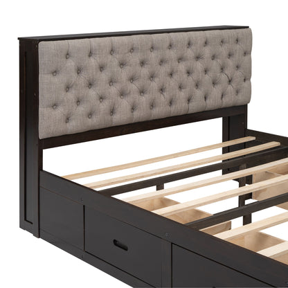 HouseOfZazla platform bed with storage headboard dark wood frame, tufted gray headboard, drawers on Tampa Home & Garden Store