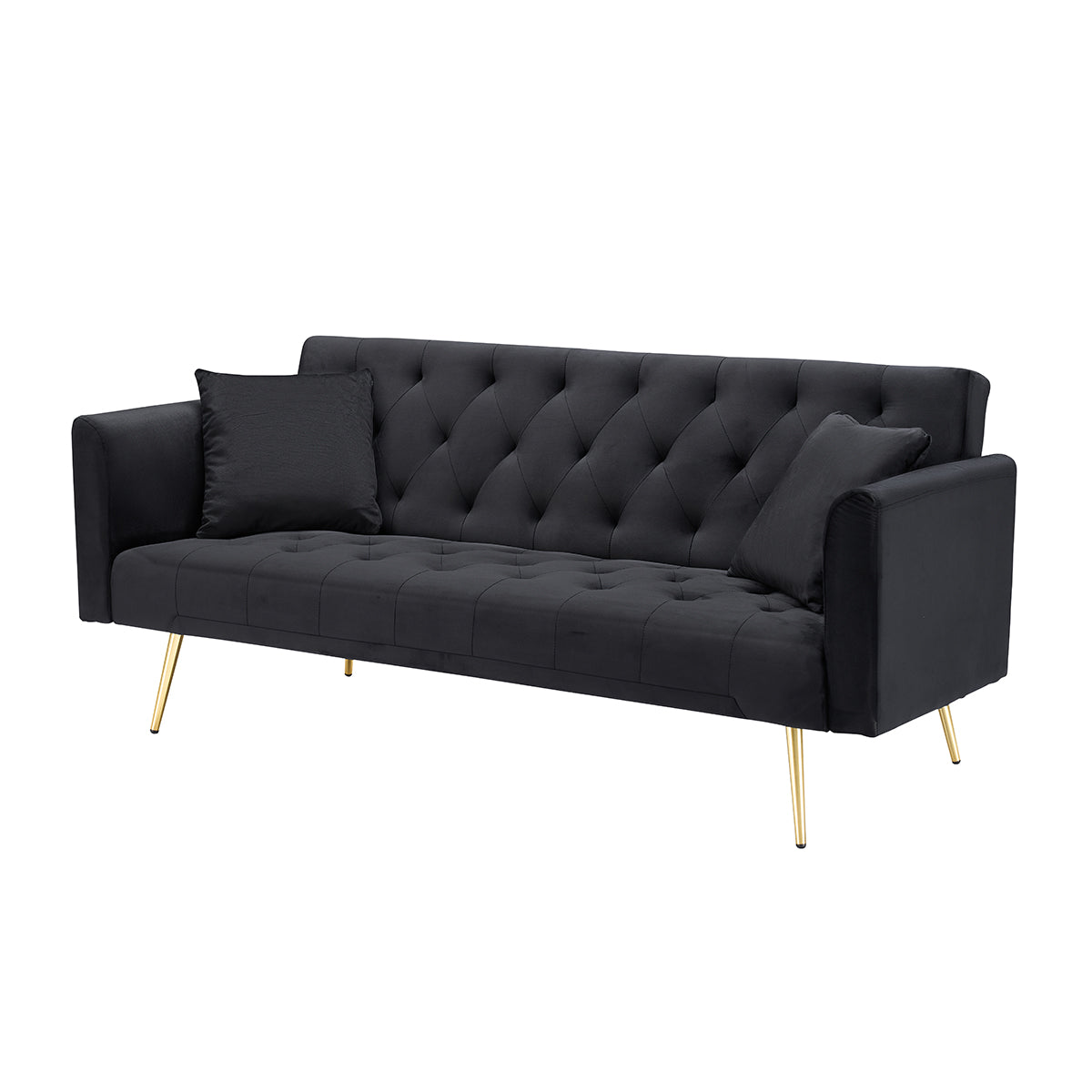 71-inch Foldable Double Sofa by HouseOfZazla in black velvet with tufted back, gold legs, and two cushions on Tampa Home & Garden Store