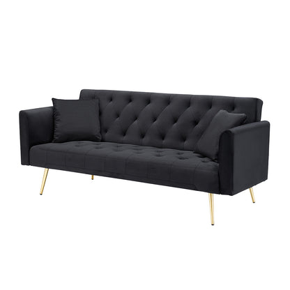 71-inch Foldable Double Sofa by HouseOfZazla in black velvet with tufted back, gold legs, and two cushions on Tampa Home & Garden Store