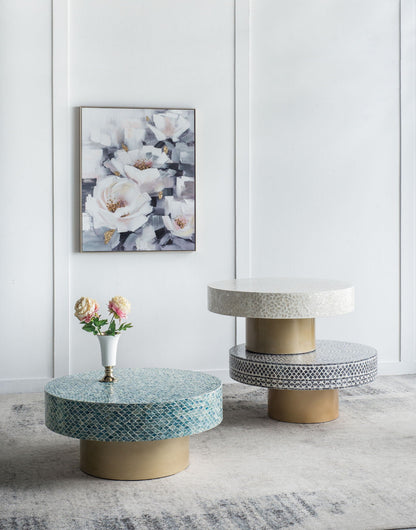 Capiz coffee table set with pedestal bases; trio mosaic tables in blue beige tones on Tampa Home & Garden Store