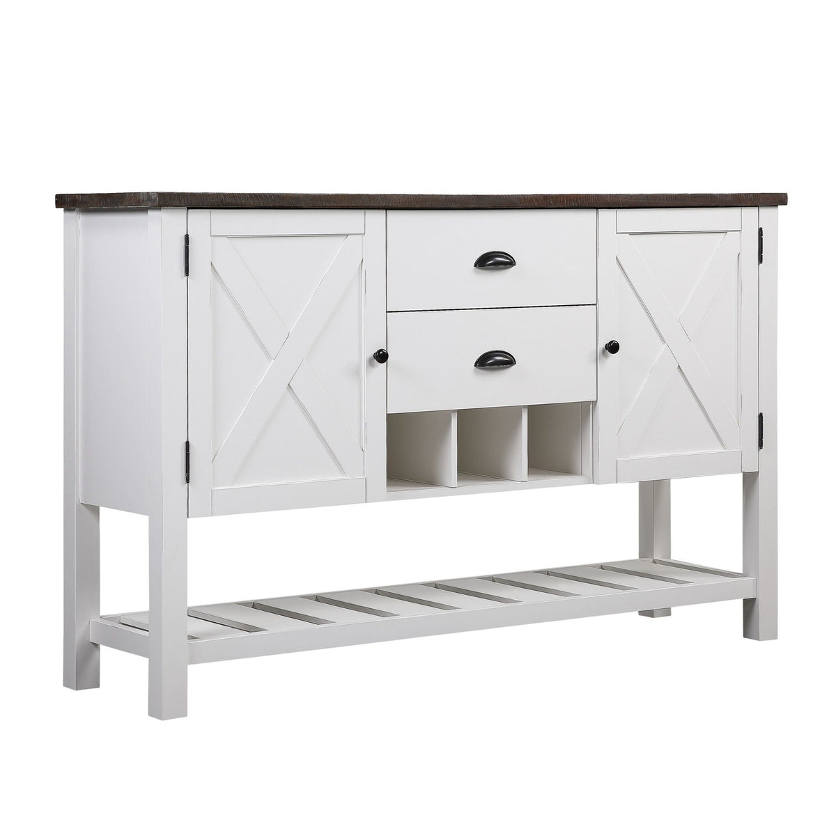 2 Drawer Server white cabinet with dark brown wood top and cross-panel doors on Tampa Home & Garden Store
