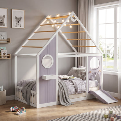 Twin House Bed with Slide and Light Strip white frame with lavender panels by HouseOfZazla on Tampa Home & Garden Store