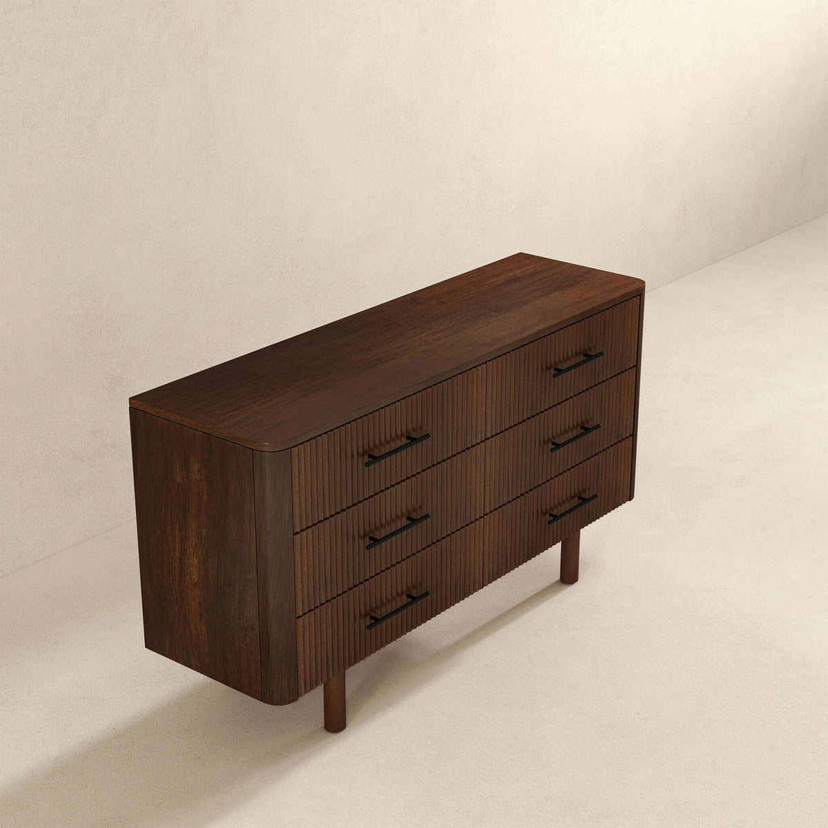 Brown walnut finish 6-drawer dresser by HouseOfZazla with slatted fronts and black handles on Tampa Home & Garden Store