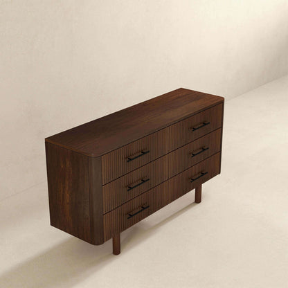 Brown walnut finish 6-drawer dresser by HouseOfZazla with slatted fronts and black handles on Tampa Home & Garden Store
