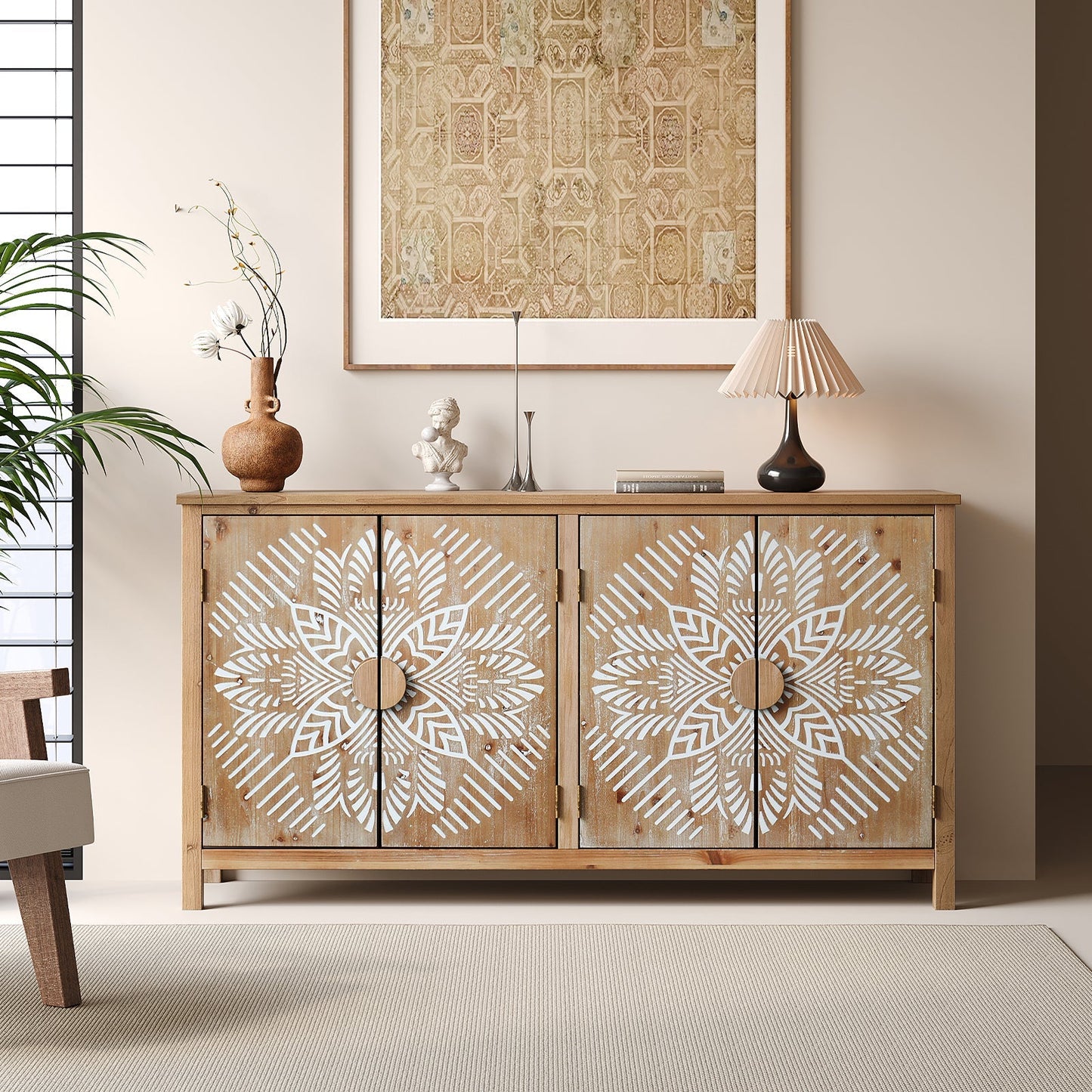 60in wood accent cabinet with 4 doors in brown antique white with white geometric patterns on Tampa Home & Garden Store