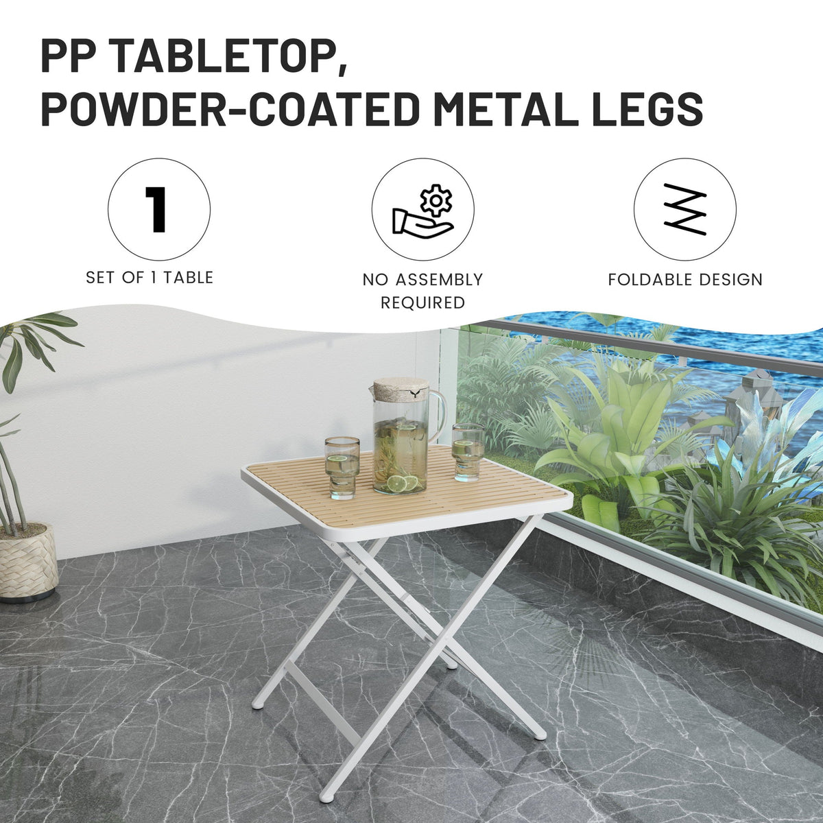 Folding outdoor table with light wood slatted top and white metal legs, modern 4-piece set on Tampa Home & Garden Store