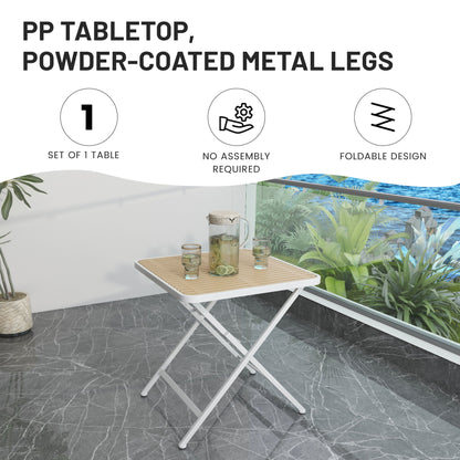 Folding outdoor table with light wood slatted top and white metal legs, modern 4-piece set on Tampa Home & Garden Store