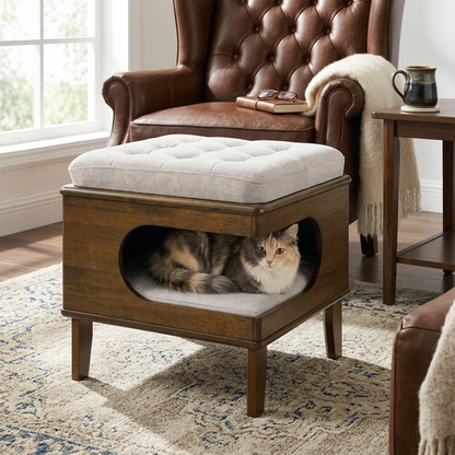 Letitia Rubber Wood Cat Bed Ottoman with light gray cushion; cat in open cubby on Tampa Home & Garden Store