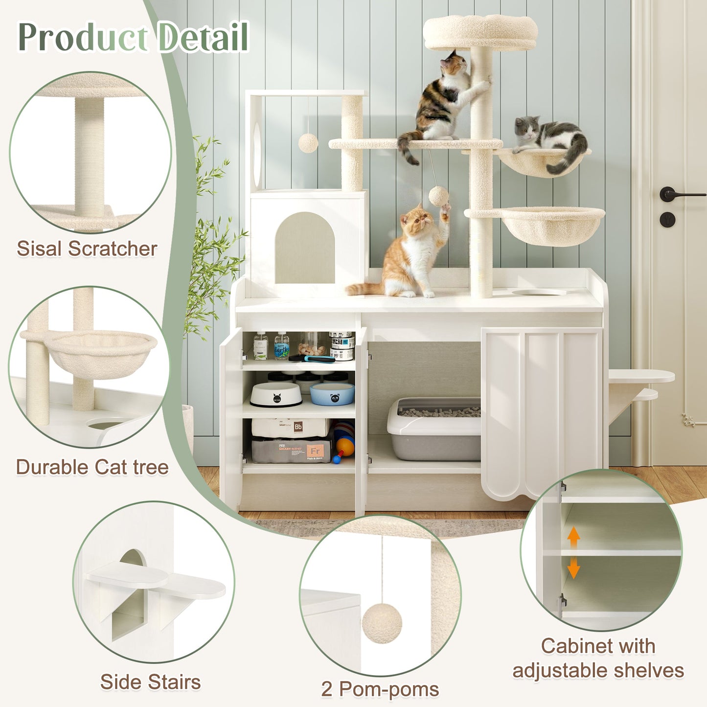 50.6-inch Cat Tree with Litter Box Enclosure, beige sisal posts and storage by HouseOfZazla on Tampa Home & Garden Store