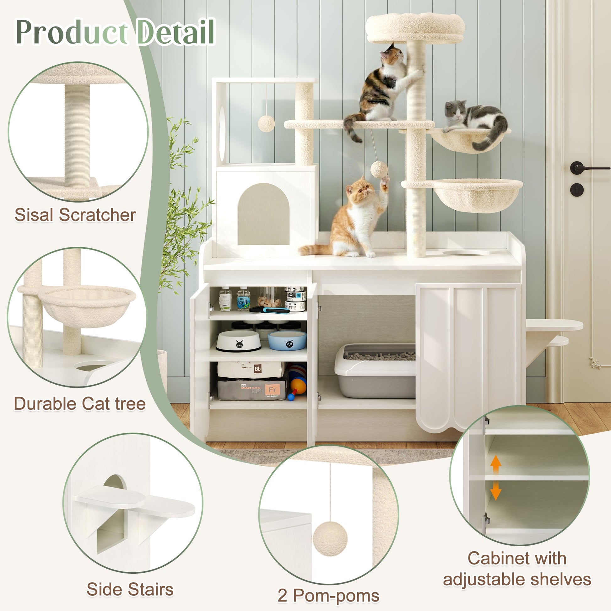 50.6-inch Cat Tree with Litter Box Enclosure, beige sisal posts and storage by HouseOfZazla on Tampa Home & Garden Store