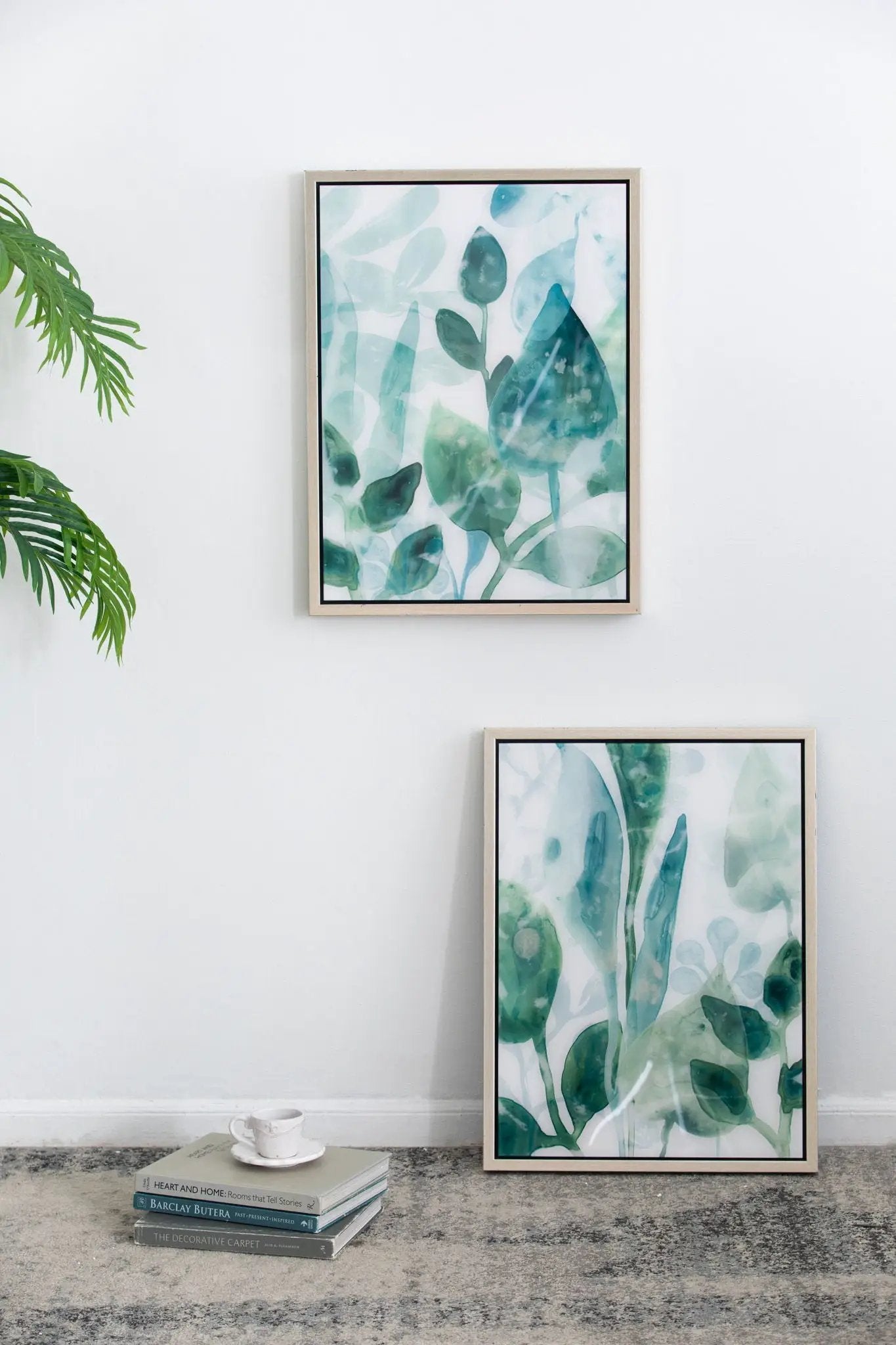 Framed Printed Acrylic Wall Art Set of 2 white/green watercolor leaves on Tampa Home & Garden Store