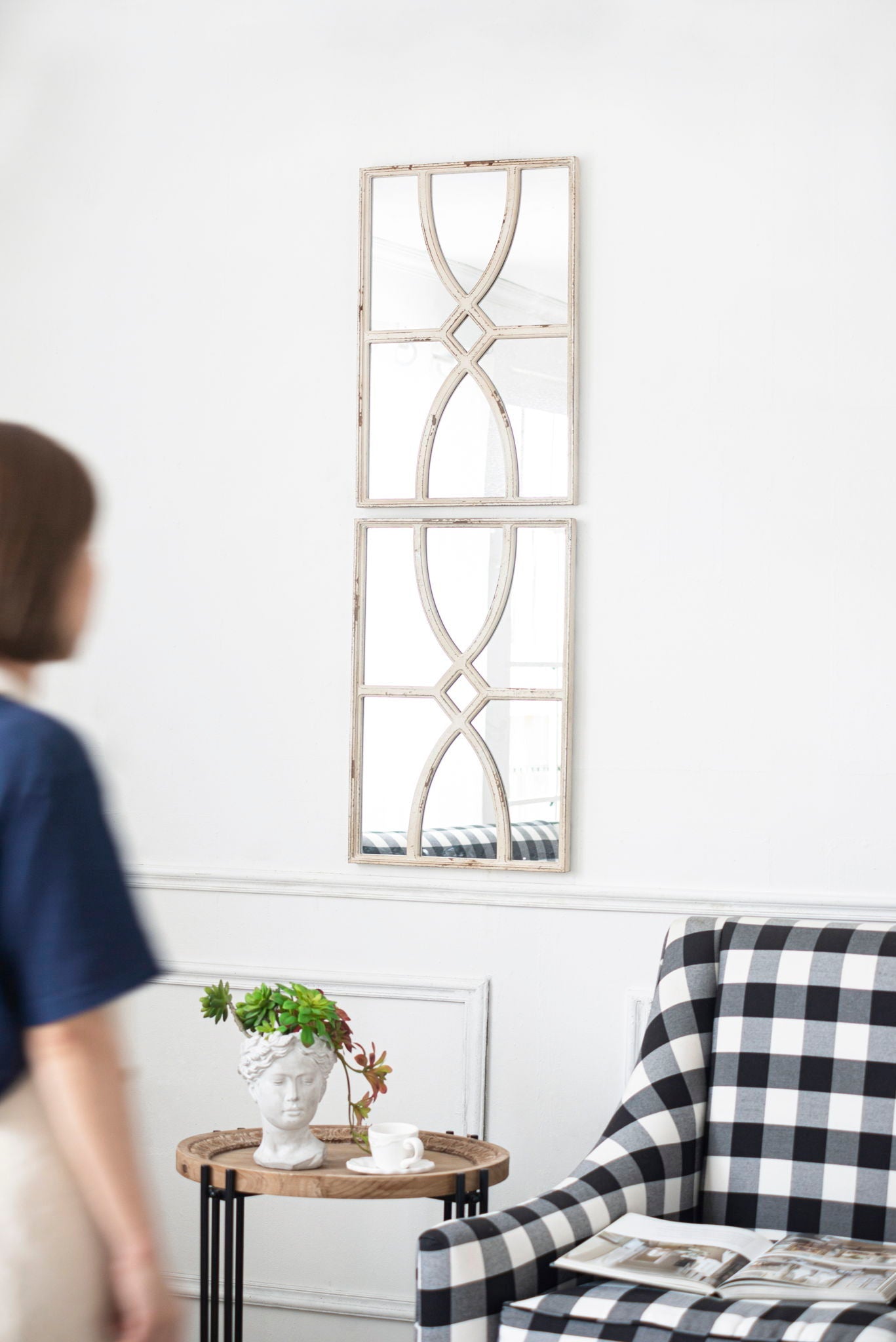Rectangular wooden wall mirrors set of 2 in distressed white frames with lattice cross design on Tampa Home & Garden Store