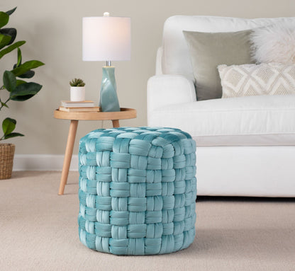 Braided round teal ottoman with woven texture in living room on Tampa Home & Garden Store