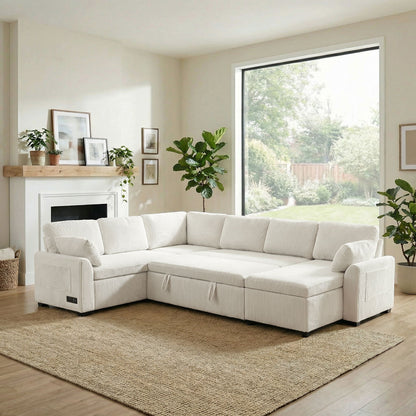 Convertible U-Shaped Sectional Sofa Bed With Reversible Chaise by HouseOfZazla cream fabric on Tampa Home & Garden Store
