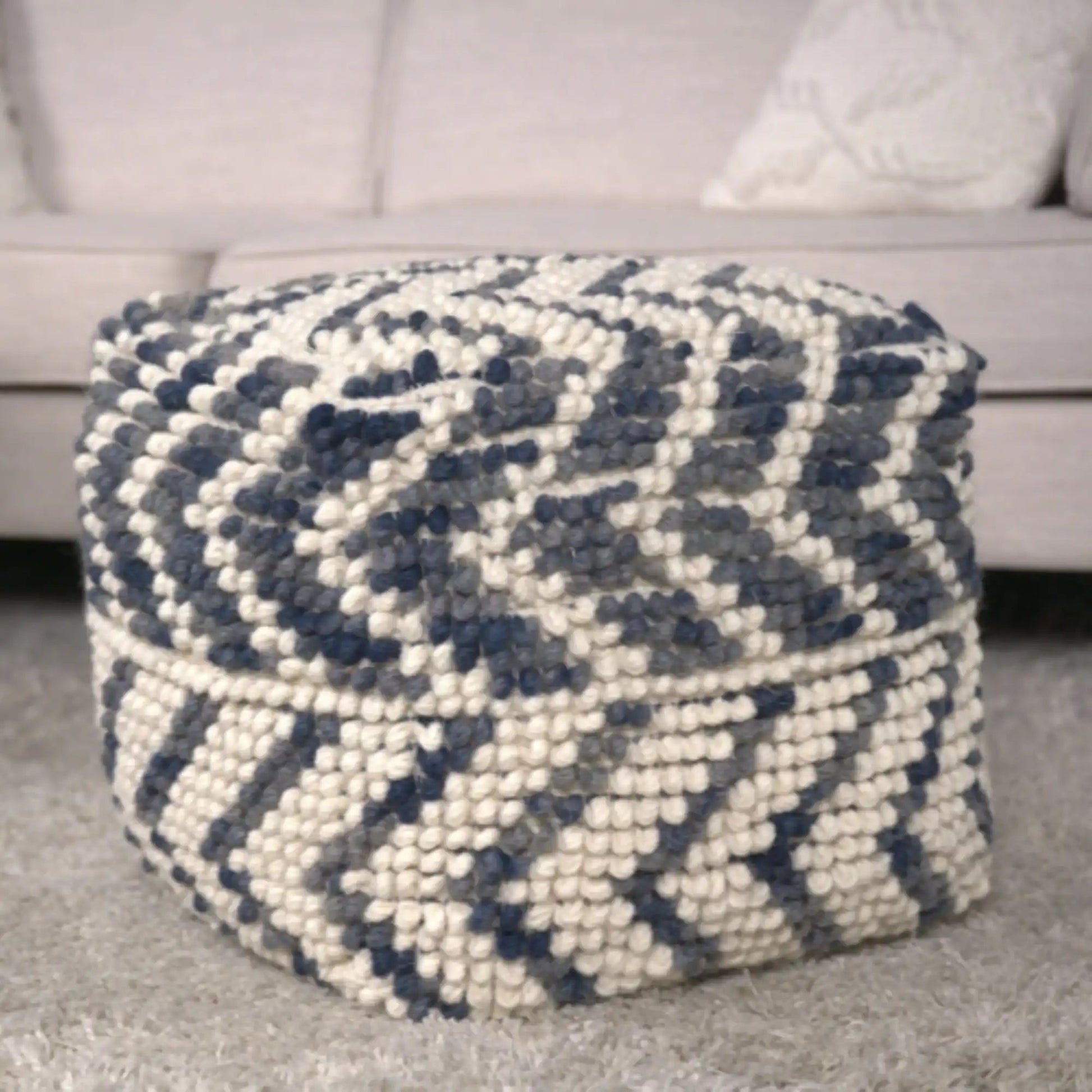 Alina Wool and Cotton Pouf Natural navy and white chunky knit ottoman on Tampa Home & Garden Store