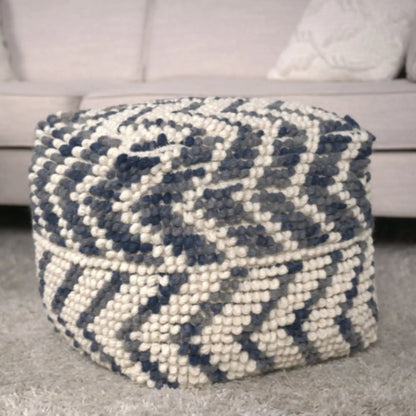 Alina Wool and Cotton Pouf Natural navy and white chunky knit ottoman on Tampa Home & Garden Store