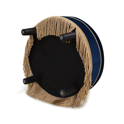 Yolanda Round Upholstered Accent Ottoman, navy blue fabric with gold fringe trim and black legs on Tampa Home & Garden Store