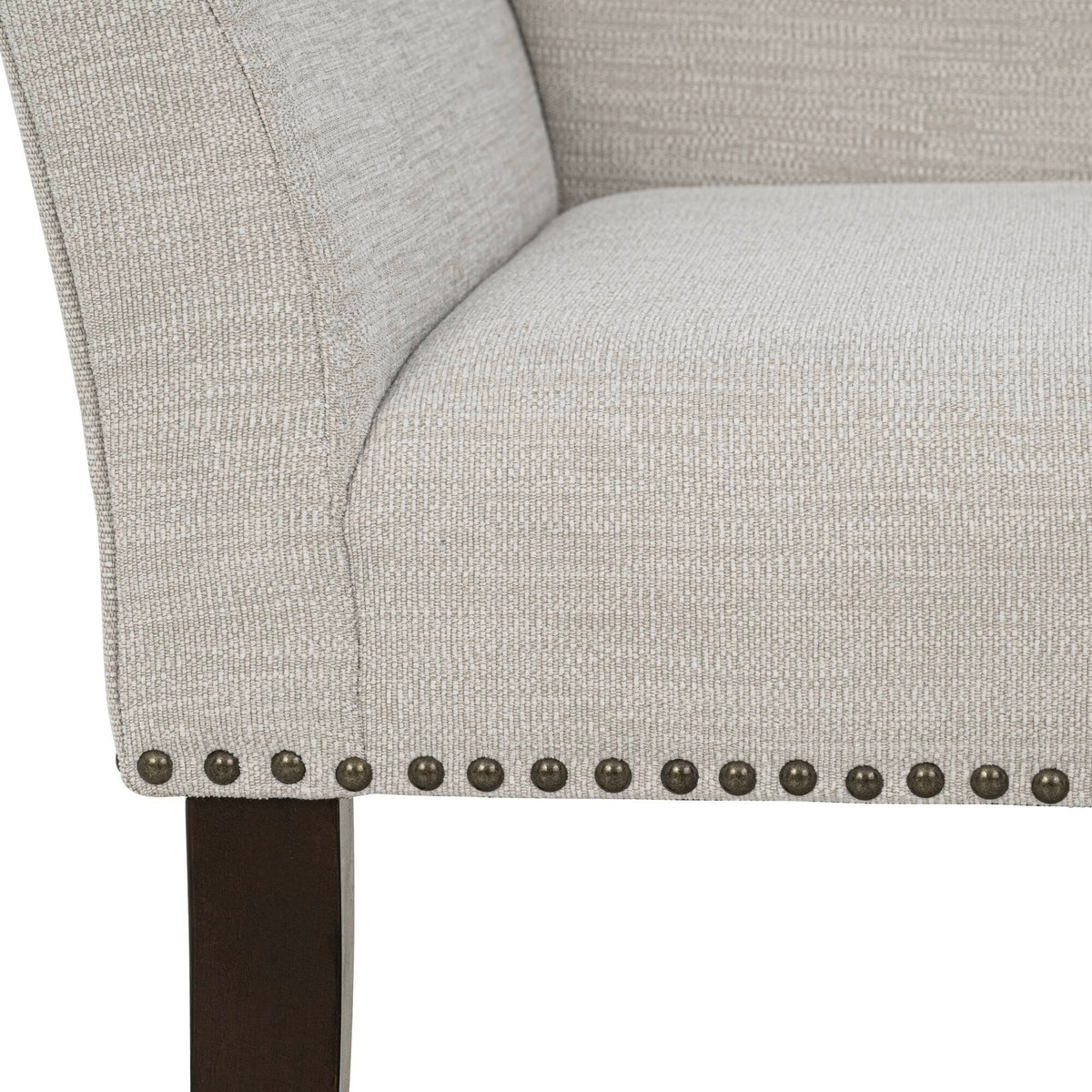 Welburn Upholstered Bench beige fabric with nailhead trim and dark wood legs on Tampa Home & Garden Store